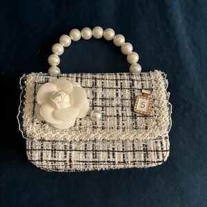 Ivory & Black Tweed Mini Bag with Pearl Handle